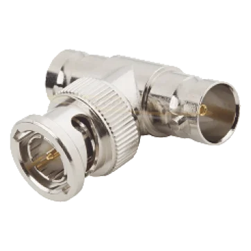 Adaptador en T para 50 Ohm de BNC Macho a Doble BNC Hembra, Maquinado, Niquel / Oro / Teflón.