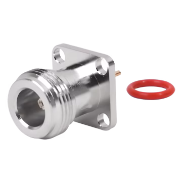 Conector N Hembra de Montaje de Panel con 4 perforaciones a 12.7 mm, soldable.