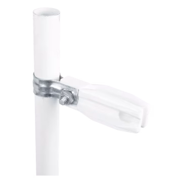 Aislador de paso o esquina de color Blanco con abrazadera incluida de 33-38mm para uso en tubería de malla ciclónica.
